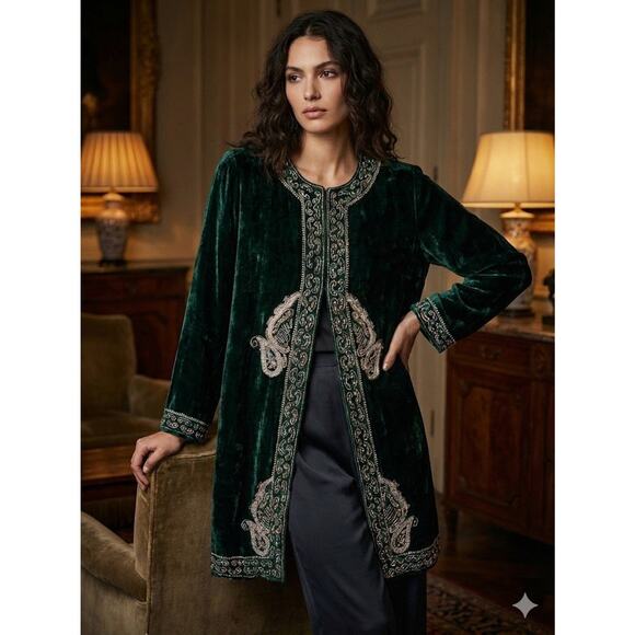 Soft Surroundings Crushed Velvet Embroidered Beaded Jacket Emerald Green Party M - Picture 1 of 11